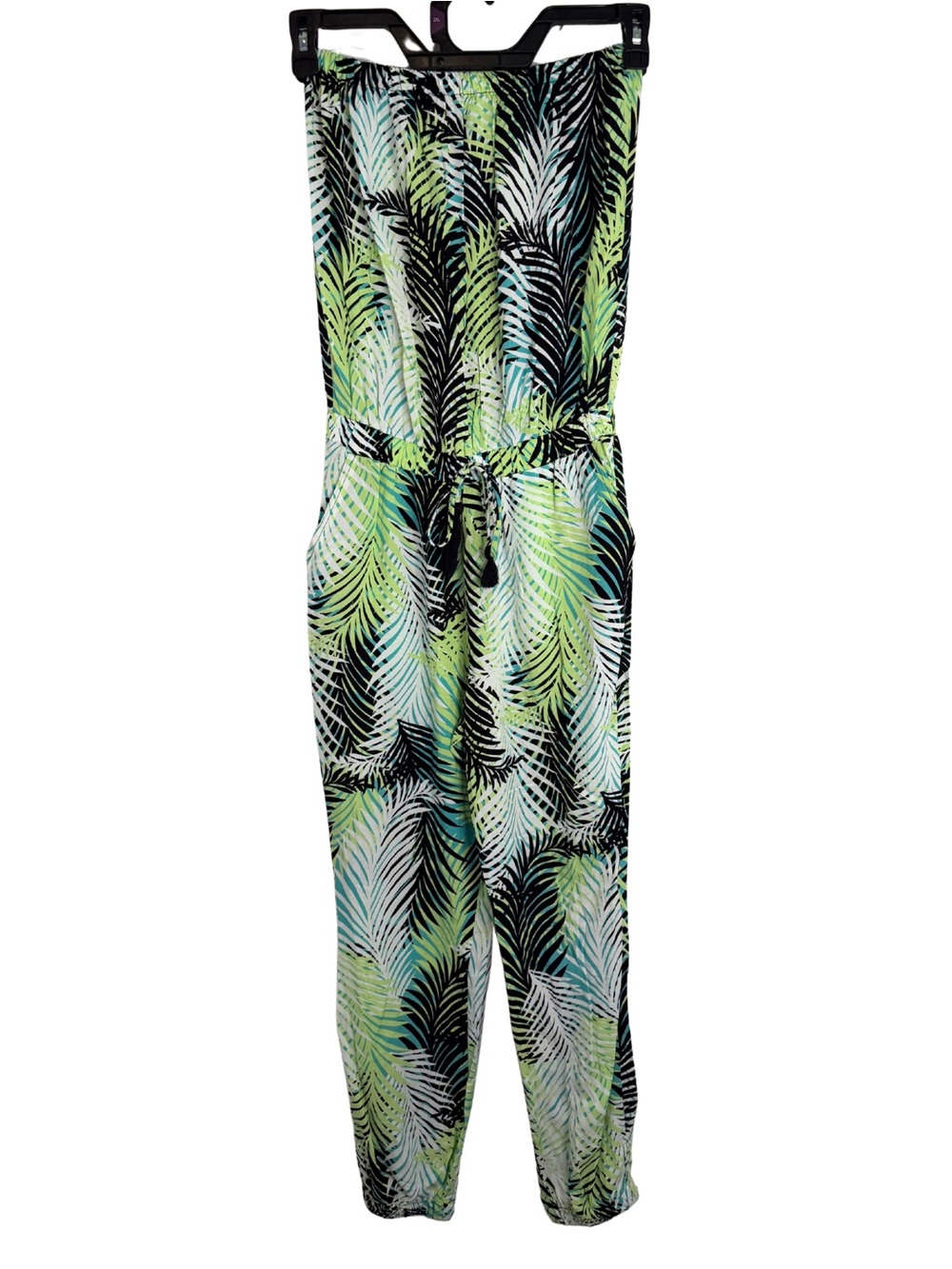 3/$20 Blue Island Tropical Leaf Strapless Jumpsuit in Black and Green Size Small